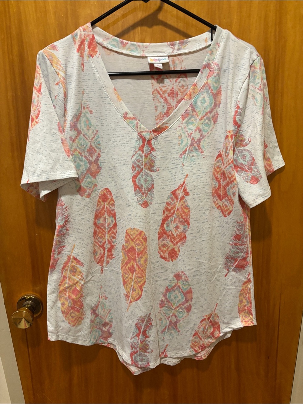 💙 3 FOR $22 LuLaRoe Short Sleeve V-Neck Top in Cream with Coral & Teal Feather P